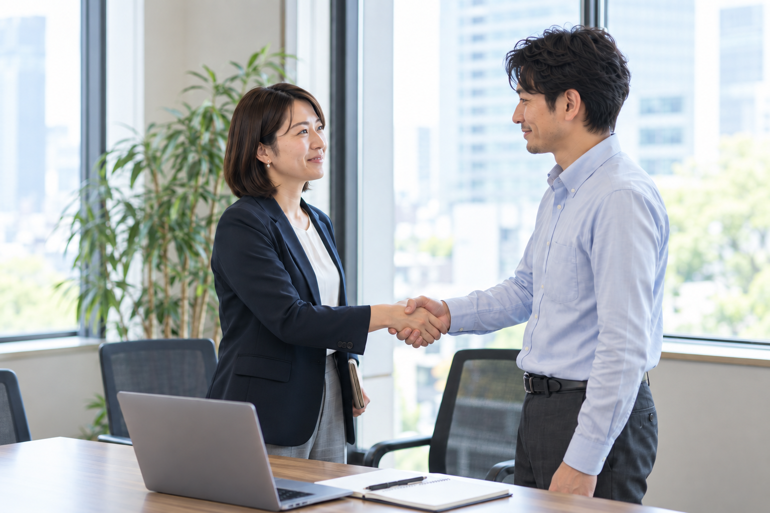 明るいオフィスで、若い事業者同士が笑顔で握手するイメージ